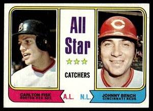 lot 129 image: Carlton Fisk  Johnny Bench  1974 Topps #331 All-Star Catchers  Vintage Baseball Card