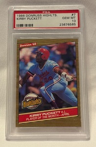 lot 6A image: Kirby Puckett PSA 10 Gem Mint 2nd Year 1986 Donruss Highlights #7 Minnesota Twins Baseball Card