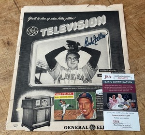 lot 154A image: Bob Feller Autographed Newspaper Article with JSA COA and 1956 Topps Baseball Card