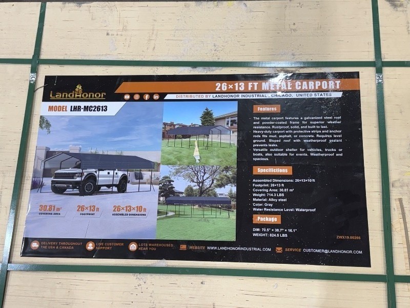 lot 705 image: Landhonor 26 x 13 Ft Metal Carport (LHR-MC2613)