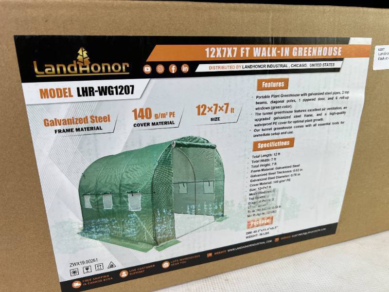 Landhonor 12 x 7 x 7 Ft Walk-in Greenhouse (LHR-WG1207)