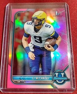 lot 56 image: 2021-22 Bowman University JJ McCarthy Chrome Pink Refractor 1st Bowman