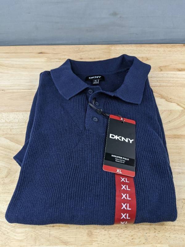 lot 671 image: DKNY Sweater Polo Mens XL Blue Regular Fit $89.50 Retail - Brand New