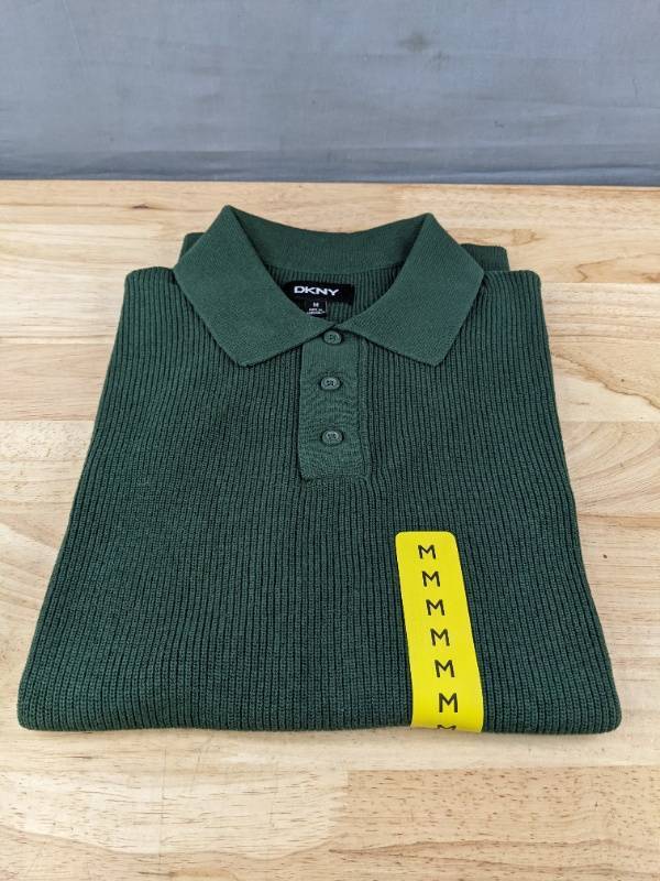 lot 528A image: DKNY Green Ribbed Knit Polo Shirt Medium - Brand New