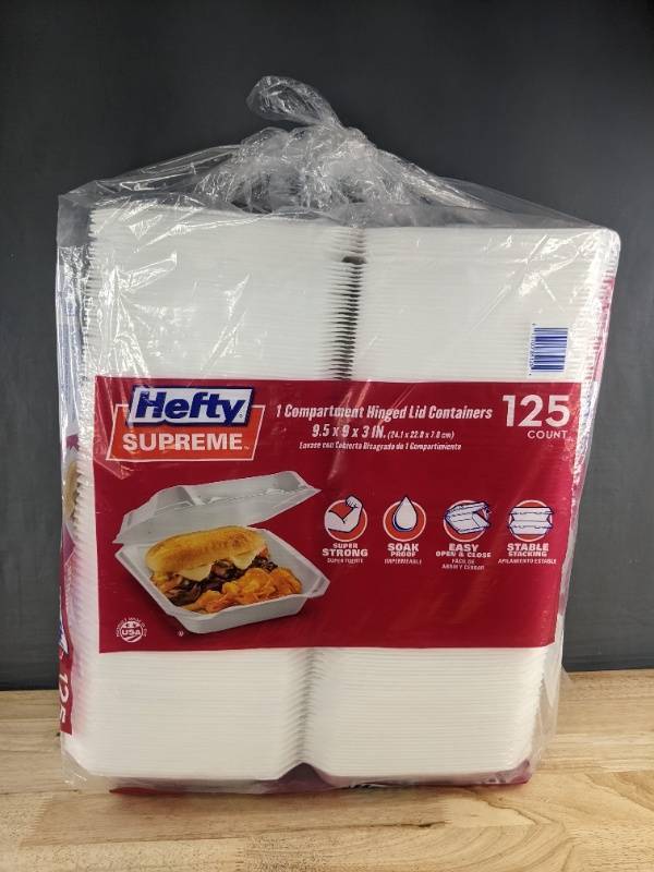 lot 81L image: Hefty Supreme 1 Compartment Hinged Lid Containers, 125 count - Brand New