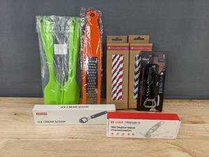 lot 160 image: Ice Cream Scoop, Meat Thermometer, Corkscrew, 100 Paper Straws, Grater & 4 Silicone Spatulas - Brand New