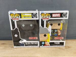 lot 154D image: 2 Funko Pop Figurines 8-Bit Marvel Black Panther #1425 & Thor #1427 - Brand New A