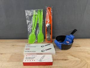 lot 298 image: 9 Piece Kitchen Accessories - Ice Cream Scoops, Grater, Thermometer, Spatulas - Brand New