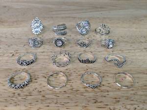lot 410 image: Ring Lot - 16 Silver-Tone Filigree & Gem Rings - Brand New P