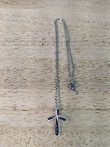 lot 416 image: Cross Pendant Necklace - Silver Chain with Black & White Stones 20 Length - Brand New P