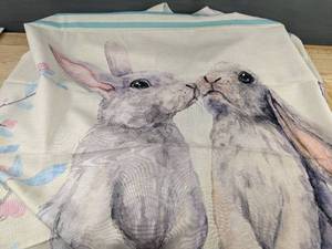 lot 320 image: Rabbit Print Throw Blanket - Beige with Bunny Motif and Pastel Circle Accents, 60 x 120 - Brand New