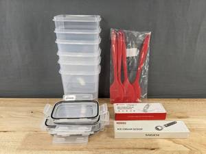 lot 309 image: Habor 192 Digital Meat Thermometer, Sakuchi Ice Cream Scoop, 6 Clear Storage Containers, and 4 Spatulas - Brand New