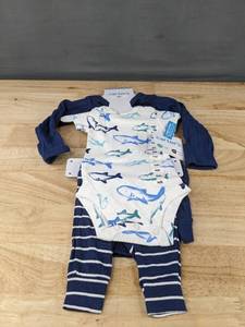 lot 342 image: Carters NB 3-Piece Shark Print Baby Outfit Set Navy Cardigan & Striped Pants - Brand New