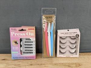lot 389 image: Ardell Press On Wispies Natural, 3 Opaz Eyebrow Razors, & Kiss The New Natural Lashes Nude Blazer - Brand New