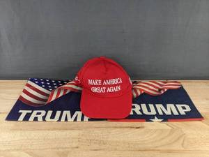 lot 543 image: Trump Red Hat, 2 Trump Flags & TrumpVance Flag - Brand New