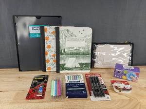 lot 547 image: Office & School Supplies Assortment - Notebooks, Glue, Tape, Gel Pens, Fidget Spinners - Brand New