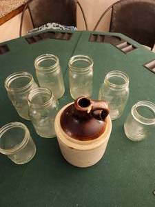 lot 221 image: 1 Moonshine Jug, 3 Ball Jars, 4 Kerr Jars