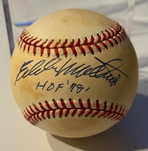 lot 27 image: Eddie Mathews Autographed and Inscribed HOF 78 Baseball Rawlings ONLB Ball