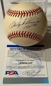 lot 79 image: Ralph Kiner Autographed and Inscribed HOF 75 Baseball With PSA COA Rawlings ONLB Ball