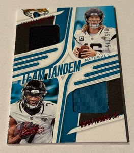 lot 118 image: Trevor Lawrence  Brian Thomas Jr. Dual Relic 115 2025 Absulute Team Tandem Materials #TTM-JAX Football Card