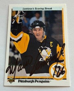 lot 8A image: Mario Lemieux Autograph 1990 Upper Deck #59 Scoring Streak Hockey Card