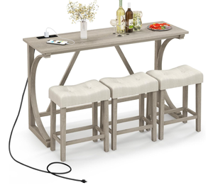 lot 21 image: COSTWAY 4-Piece Farmhouse Bar Table Set with Power Outlet, Counter Height Dining Table Set w 3 Upholstered Stools, Wood Console Table Set Bistro Table Set for Kitchen, Dining Room, Living Room