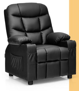 lot 53 image: Costway - Kids Youth Recliner Chair PU Leather wCup Holders & Side Pockets - Black