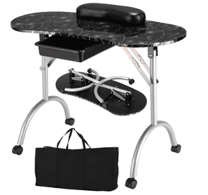lot 55 image: Costway Black Manicure Nail Table, Portable Station Desk wCarrying Bag, Soft Wrist Pad, Storage Drawer, Lockable Casters, Spa Salon Workstation Equipment