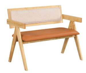 lot 69 image: Costway Rubber Wood Dining Bench with Armrest Sherpa Upholstered Backrest and Soft-padded Seat-Natural (Maybe Missing Hardware)