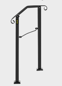 lot 80 image: VEVOR Handrail for Outdoor Steps, 1-2 Steps Arch#2 Outdoor Handrail, Adjustable Wrought Iron Staircase Handrail, Thickened Stair Railings for Porch Railing, Deck Handrail, Black (Maybe Missing Hardware)