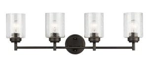 lot 82 image: Kichler Winslow 30 Vanity Light in Olde Bronze, 4-Light Transitional Bathroom Light with Clear Seeded Glass. (30 W x 9.25 H), 45887OZ