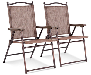 lot 106 image: Giantex Set of 2 Patio Folding Chairs, Outdoor Patio Dining Chairs wArmrest, Sling Back, Metal Frame, Outside Use for Lawn Camping Garden Pool Beach Yard Lounge, No Assembly, Brown