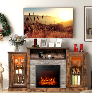 lot 108 image: Costway - Fireplace TV Stand & 18 Electric Fireplace for For 65 Wall-Mounted TV - Brown (Slightly Used, Maybe Missing Hardware)