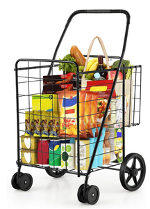 lot 119 image: COSTWAY Folding Shopping Cart, Metal Grocery Cart with Extra Basket, 360° Swiveling Front Wheels & Comfortable Handle, Light Weight Collapsible Utility Cart for Laundry, Camping (Black) (USED, Maybe Missing Hardware)