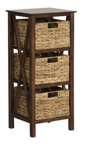 lot 124 image: COSTWAY JV11436CF 3 Tier Nightstand with 3 Seagrass Baskets Narrow X-Design