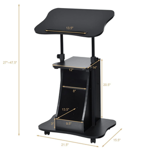 lot 412 image: Giantex Mobile Laptop Desk, Height Adjustable Podium Stand w 4 Wheels & Tiltable Desktop, Rolling Lectern Cart Laptop Desk with Storage Shelves for School, Office, Home, Black
