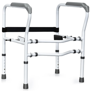 lot 96 image: Mayjooy Toilet Safety Rail, Bathroom Armrest wRotatable Clip, 300lbs Adjustable Height & Width Assist Frame, Ideal for Elderly Disable Commode Handrails, Toilet Grab Bar