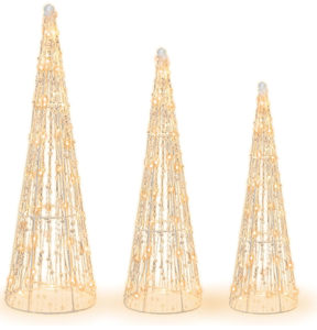 lot 92 image: Tangkula Set of 3 Lighted Christmas Cone Trees, Xmas Decorative Conic Tree Set with Star Strings, 90 Warm White LED Lights, Indoor & Outdoor Lighted Decorations for Lawn Yard Garden Party