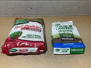 lot 268 image: LOT OF 2 Scotts Turf Builder WinterGuard Fall Lawn Food & Scotts Turf Builder ThickR Lawn Sun and Shade, Combination Seed, Fertilizer and Soil Improver, Thickens Thin Grass