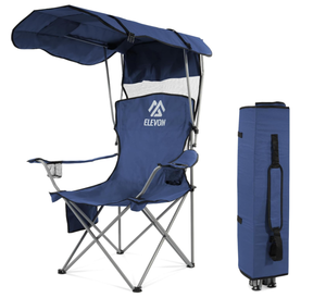 lot 299 image: Elevon Camping Chair, Oversized Folding Chair with Canopy, Portable Outdoor Chair with Arms, Cup Holder and Carry Bag for Camping, Fishing, Beach, and Sports, Indigo