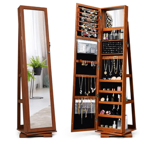 lot 336 image: Costway 2-in-1 Rotatable Jewelry CabinetLockable Mirrored Organizer in Brown (Slightly USED, Attempted To Assemble. Mirror Is Broken)