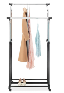 lot 488 image: Whitmor - Clothes Rack with Double Rods for Hanging Clothes, Portable Clothes Rack, Adjustable Clothes Rack with Wheels, Black and Silver