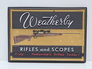 lot 23 image: Original 1960s WEATHERBY Rifles & Scopes Embossed Advertising Gun Store Display Sign