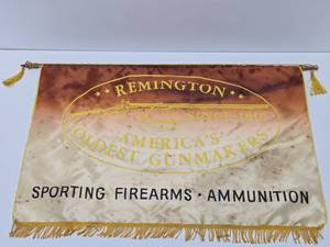 lot 26 image: Original Vintage REMINGTON Firearms Silk Gun Advertising Banner Sign