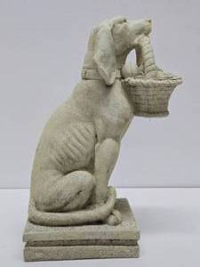 lot 123 image: Nicely Detailed Plaster Sculpture of a Dog Holding a Basket - 19 tall