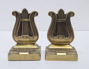 lot 10 image: Pair of Vintage Brass Harp Bookends