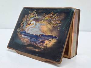 lot 12 image: Signed Vintage 1930s era Enameled Brass German Box wSwan Decoration
