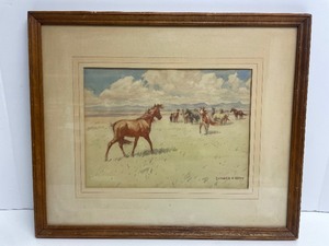 lot 6 image: Original 1940s era Western Wild Horses Watercolor Painting by Leonard H. Reedy