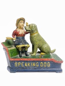 lot 4 image: Original Antique Late 1800s Cast Iron Speaking Dog Mechanical Coin Bank