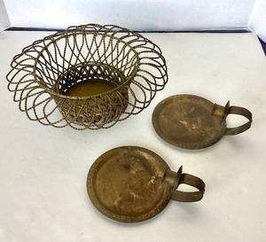 lot 23 image: Antique Brass Twisted Wire Basket  Pair of Small Sconces